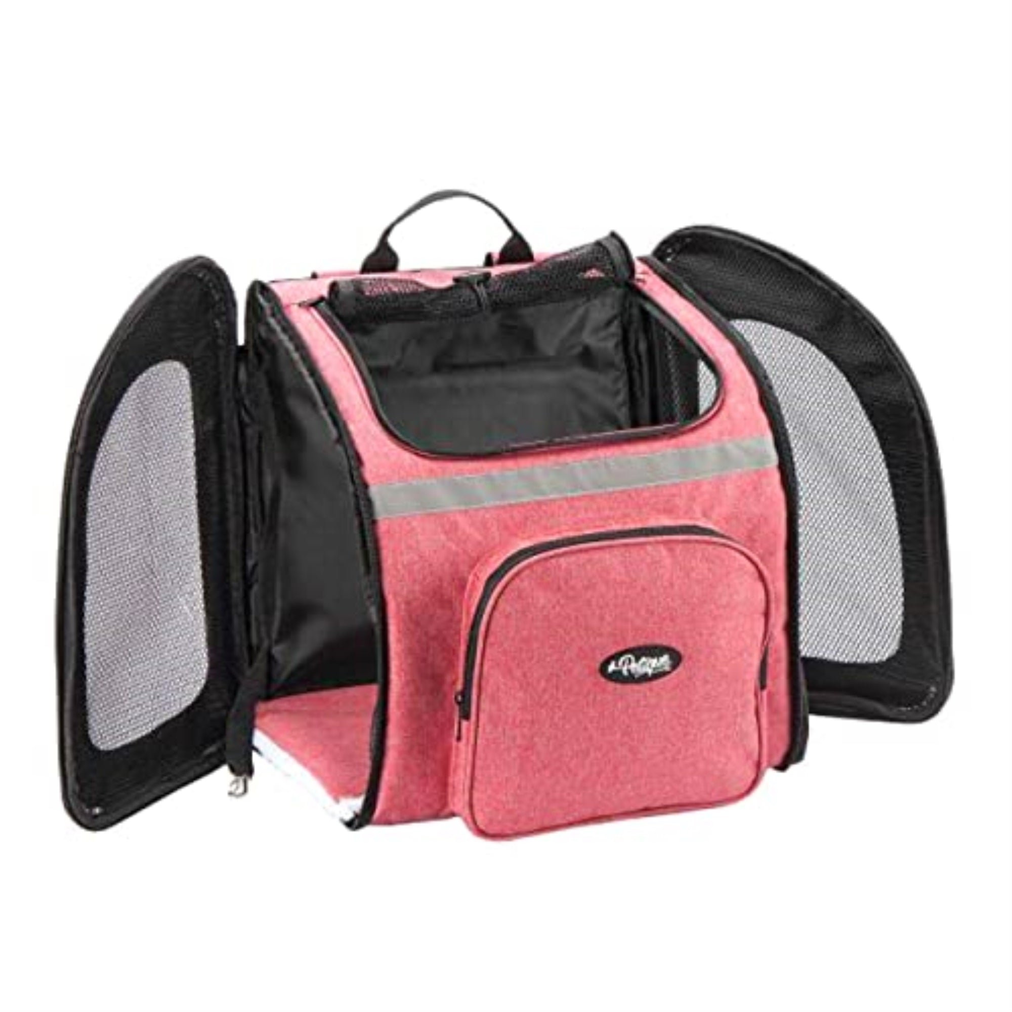 Petique The Backpacker Pet Carrier - Coral: For Small Dogs/Cats/Pets, Storage Pocket, Luggage Handle Slit, Leash Inside, Adjustable Straps, Reversible Mat, 3 Entryways, Folds Flat, Reflective Strip