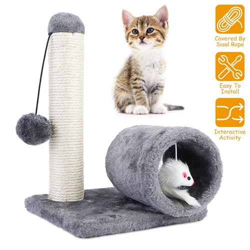 Cat Scratching Post Cat Kitten Sisal Scratch Post Toy W/Tunnel & Lifelike Mouse Toy Pet Activity Play Fun
