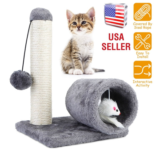 Cat Scratching Post Cat Kitten Sisal Scratch Post Toy W/Tunnel & Lifelike Mouse Toy Pet Activity Play Fun