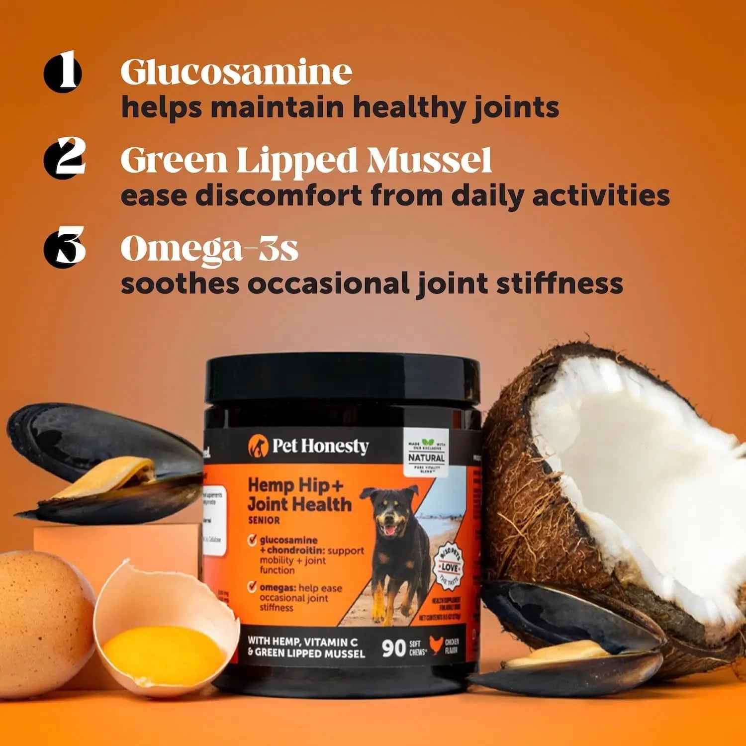 Pet Honesty Senior Hemp Hip & Joint Chews for Dogs – Mobility Support 90 Ct