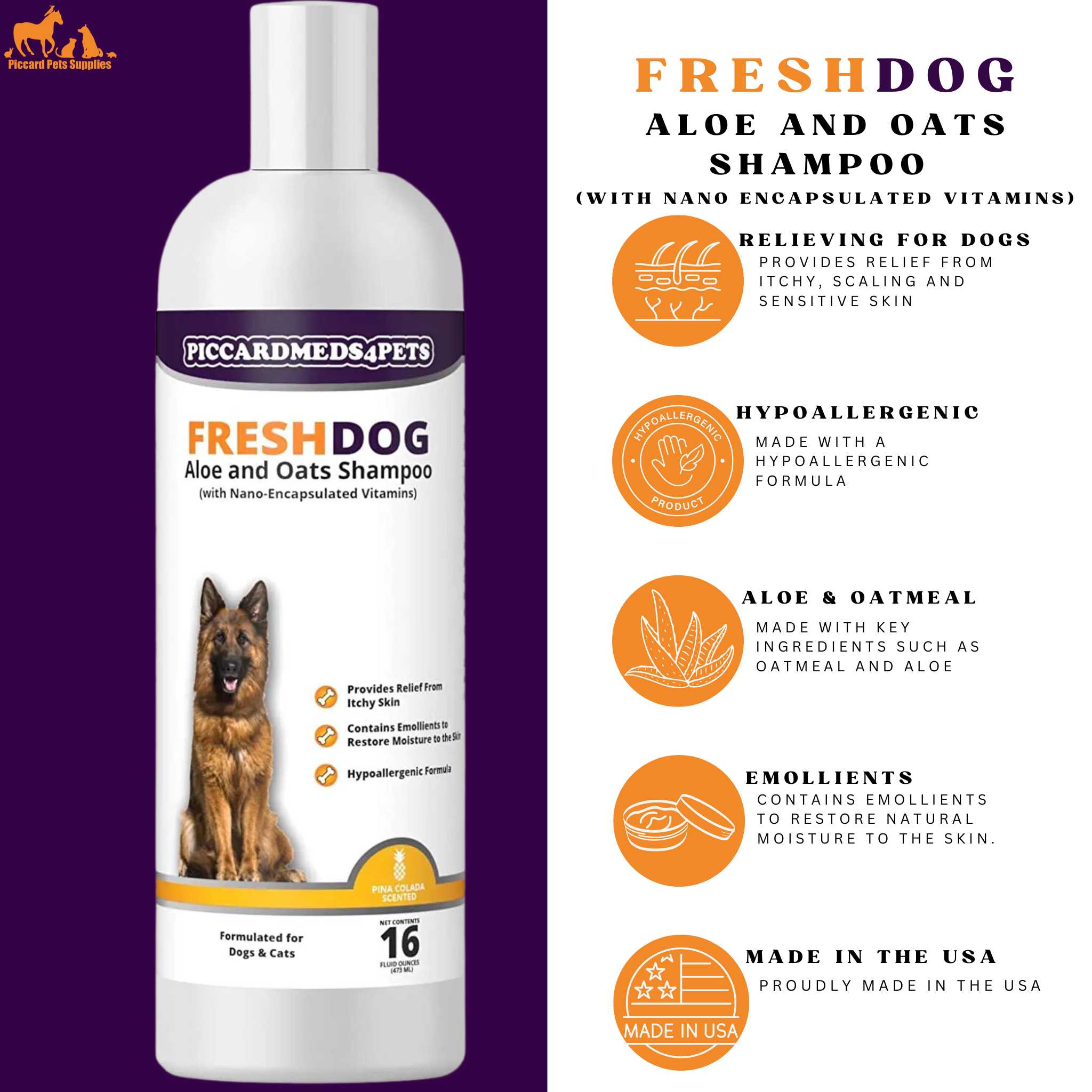 Piccardmeds4pets Aloe Oats Dog Shampoo 16oz + HandsOn Grooming Gloves Small Complete Kit