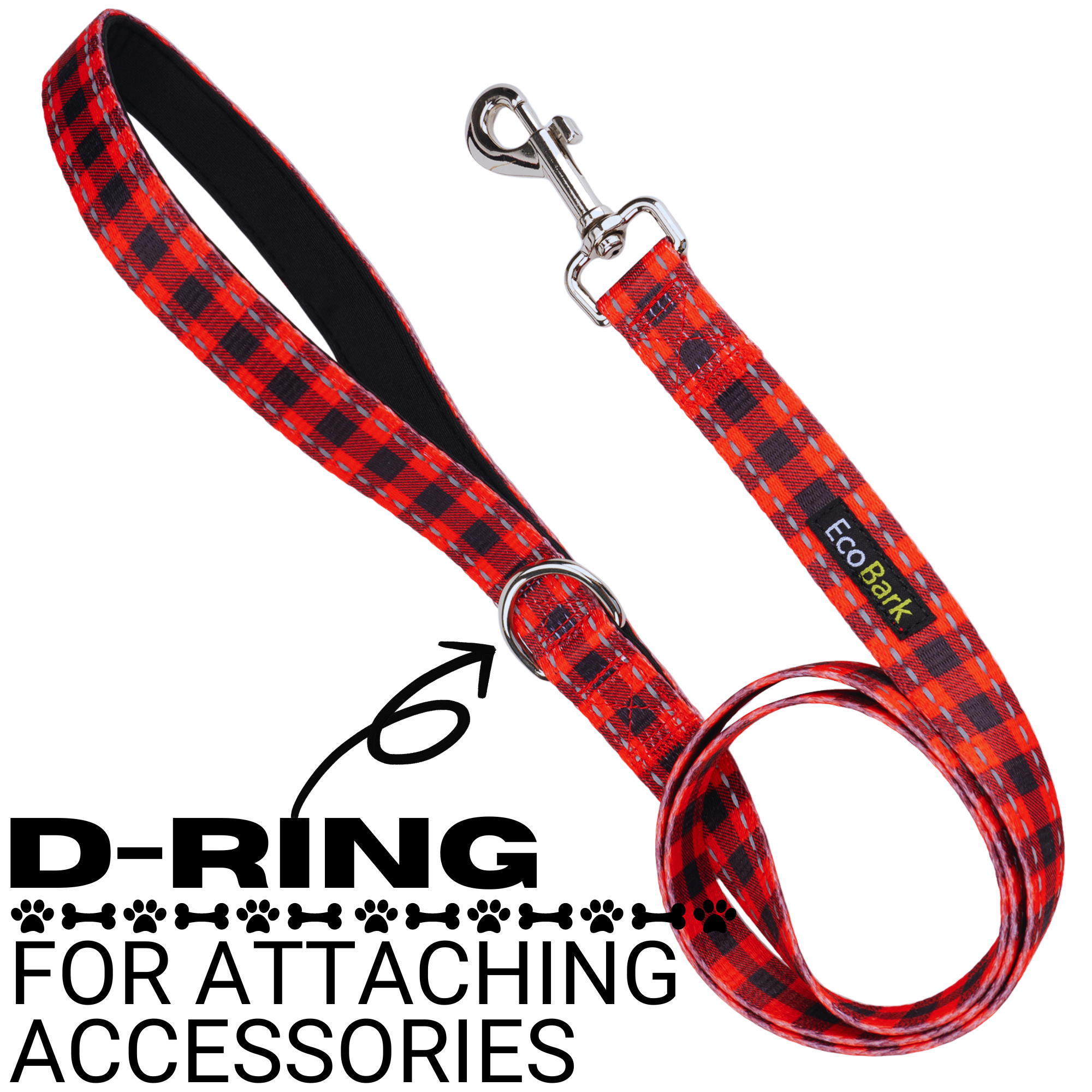 Red Plaid Dog Leash by EcoBark - Buffalo Check Padded Comfort Grip Leash for Dogs - 4ft, 5ft, and 6ft Leash for Small and Medium Dogs