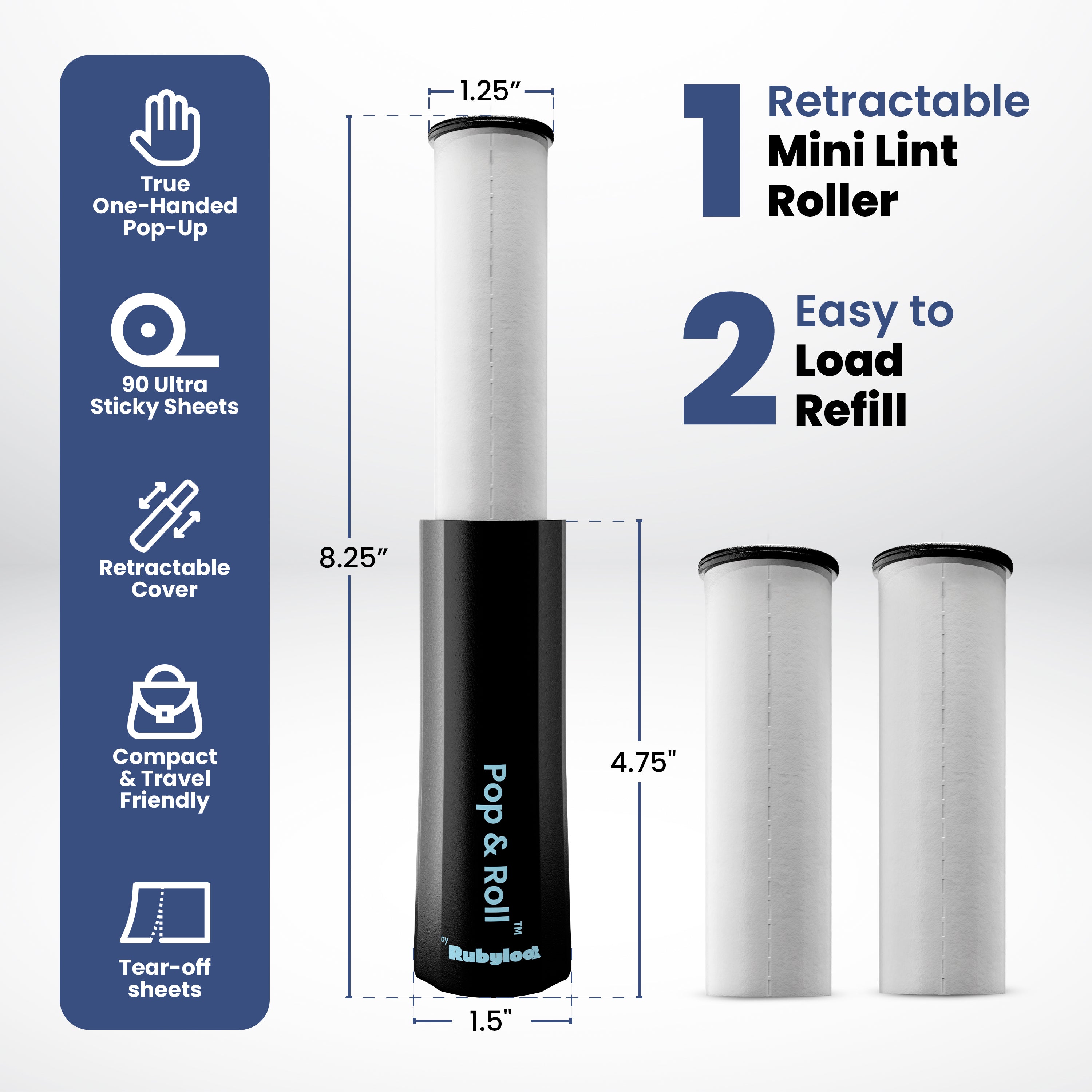 Retractable Mini Lint Roller for Pet Hair with 2 Refills