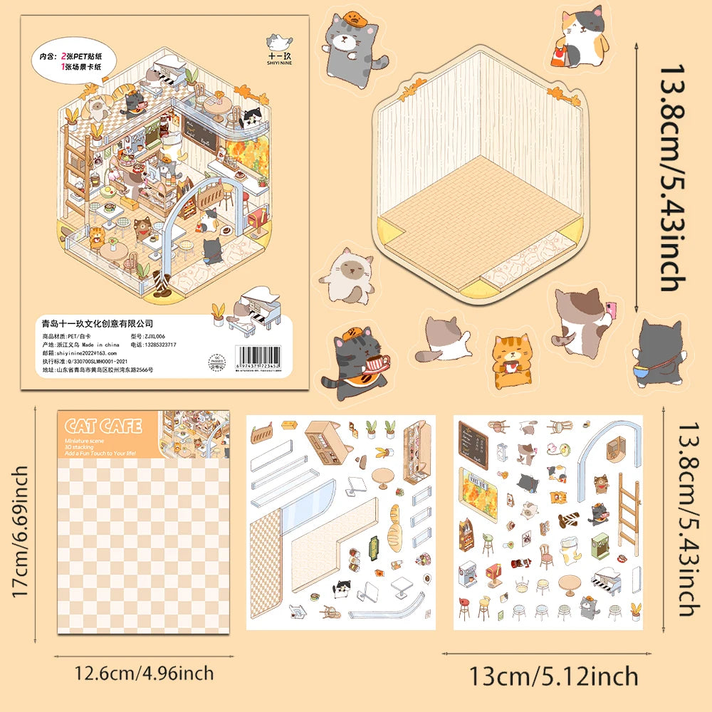 2PCS Creative  Product Shrinking World Cat Cafe Landscape Stickers DIY Decompression PET Material Stickers