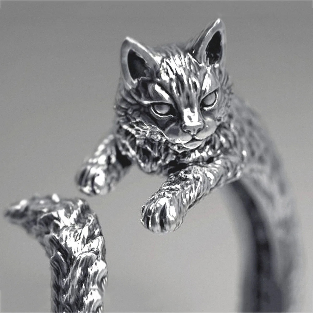 Retro Dark Cat Kitty Ring For Men Women Gothic Silver Color Adjustable Ring Pet Handmade Jewelry Accessories Unisex Lovers Gift