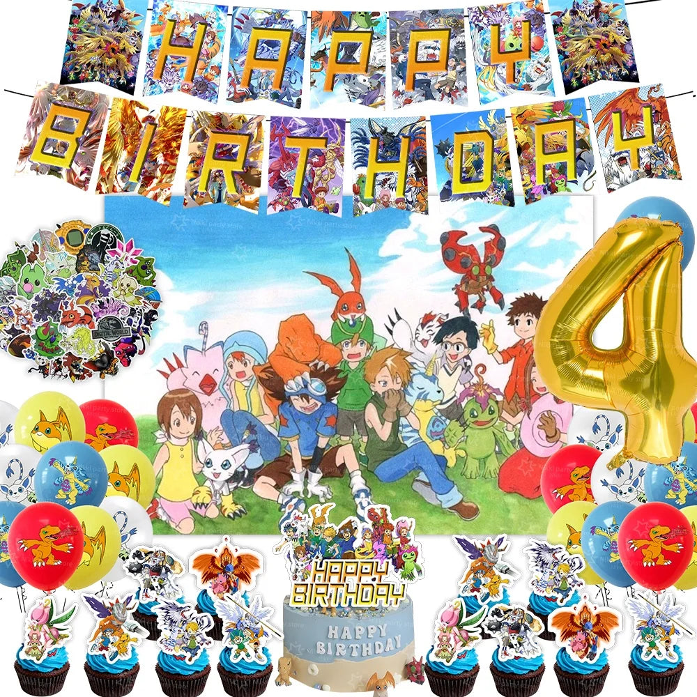 Digimon Birthday Decoration Cartoon Pet Party Favors Balloons Backdrop Banner Cake Decoration Baby Shower Supplies Gifts Toys