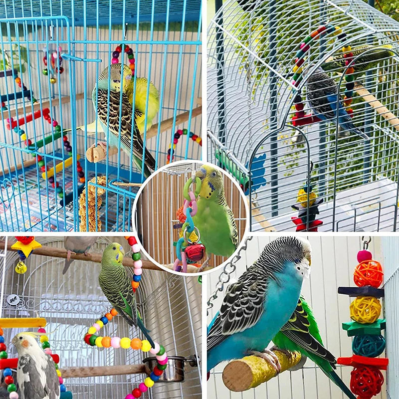 7PCS Bird Toy Wood Parrot Toys Set Cage Bird Accessories Swing Suspension Bridge Ball Cage Bells Pet Supplies