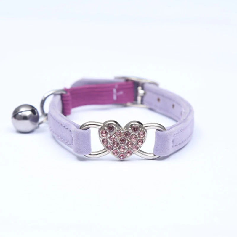 Heart Charm and Bell Cat Collar Safety Elastic Adjustable with Soft Velvet Material 8 Colors Pet Product Small Dog Collar