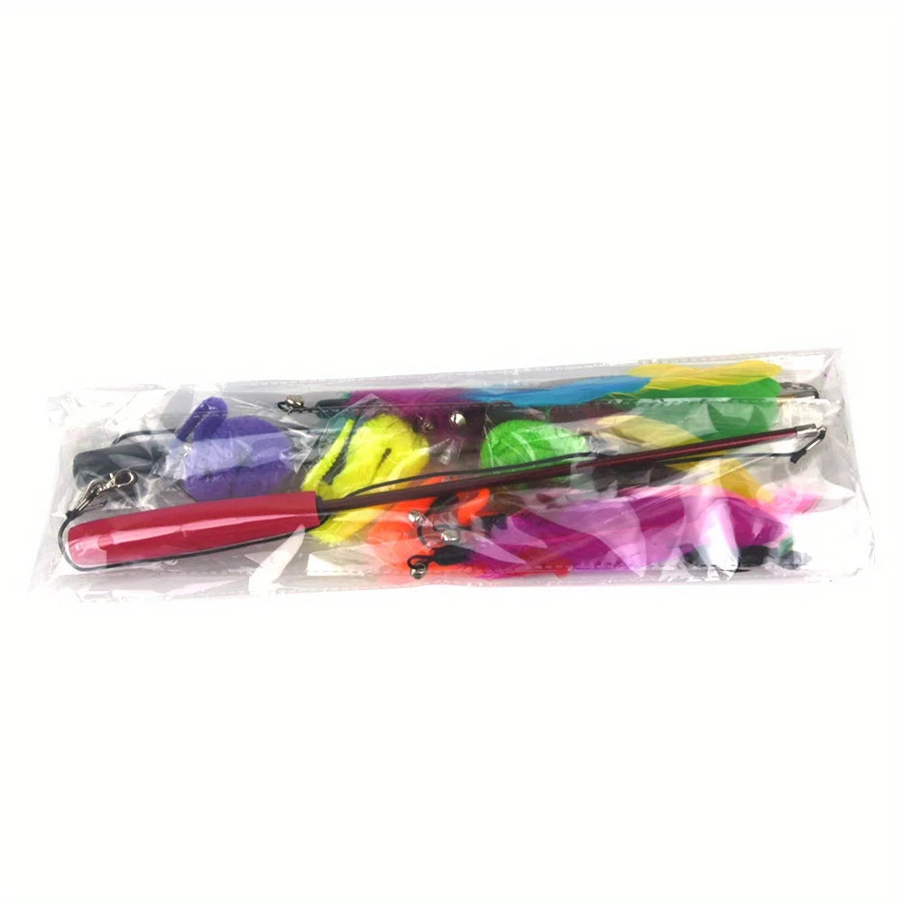 11 Pack Retractable Fishing Rod Funny Cat Stick Pet Caterpillar Feather Replacement Head Cat Toys Interactive Pet Products