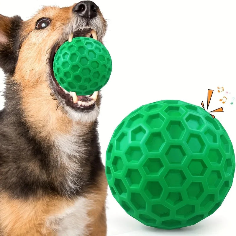 Tough Natural Rubber Dog Chew Toy Indestructible Squeaky Ball for Aggressive Chewers Beef Flavor Hexagonal Design Dental Health