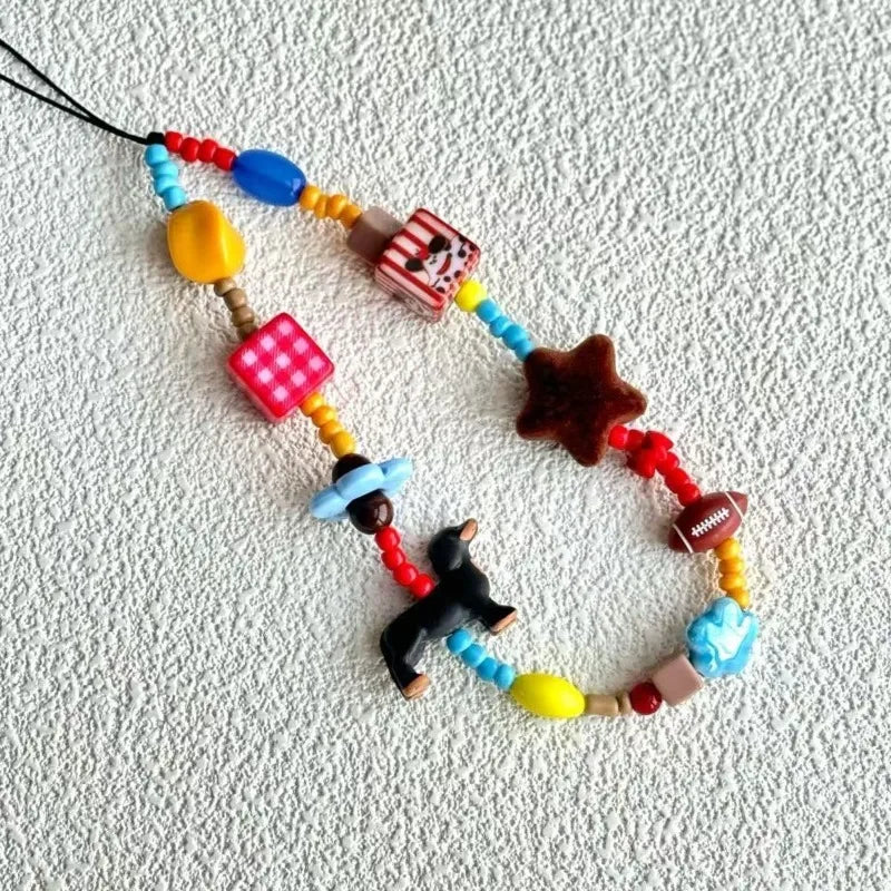 Ins Cartoon Colored Beaded Sausage Dog Anti Loss Phone Keychain Cute Bead Phone Strap Hand Chain Bag Accessories Gifts