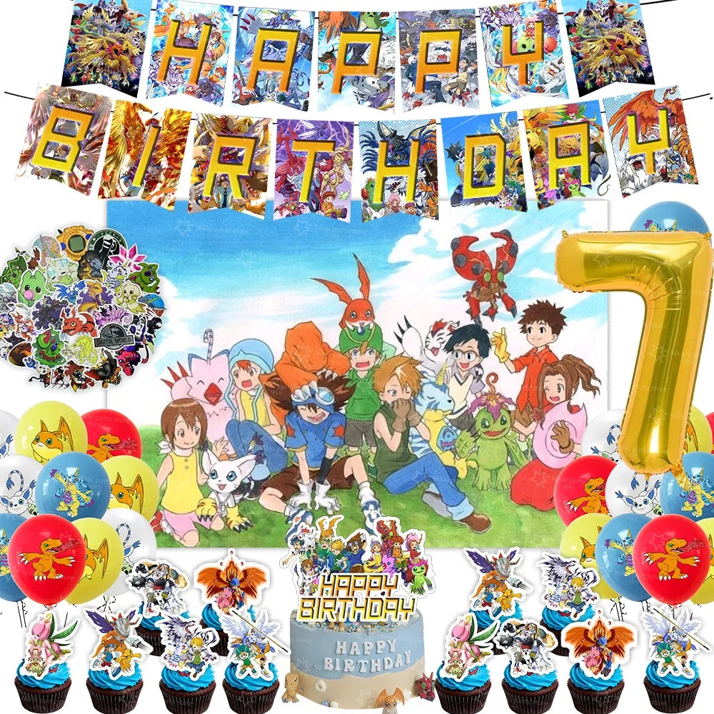 Digimon Birthday Decoration Cartoon Pet Party Favors Balloons Backdrop Banner Cake Decoration Baby Shower Supplies Gifts Toys