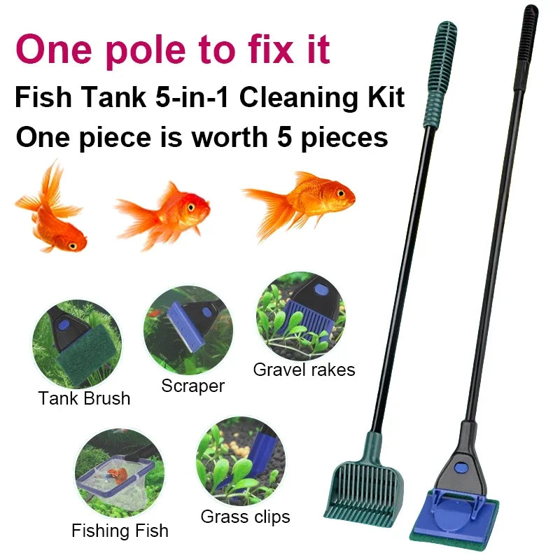 Fish Tank Cleaning Tools 5 in 1 Set Non-slip Long Handle Brush Fishing Net Plant Clips  Accessories Aquarium Pet Products