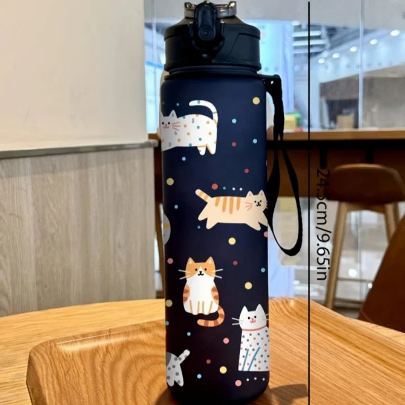 3D Printed Cute Cartoon Cat PVC-Free, Leak-Proof, Matte Finish 750ML Water Bottle,Includes Carry Loop Outdoor Activities