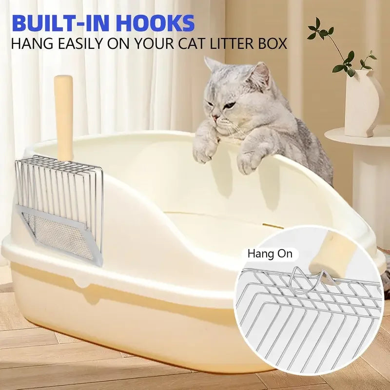 Cat Litter Shovel Wood Handle Metal Scooper with Hook Portable Stainless Steel Sifting Kitten Toilet Cleaning Tool Pet Products