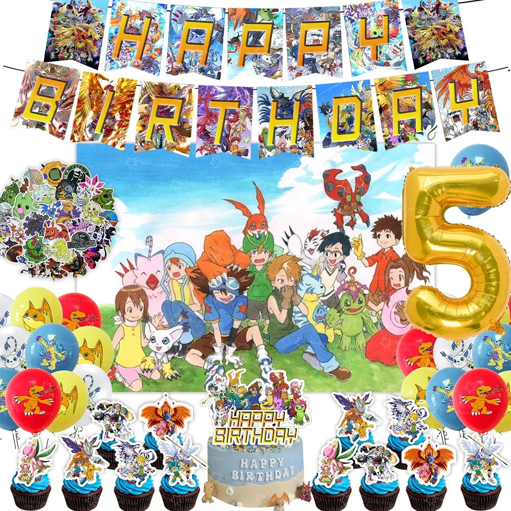 Digimon Birthday Decoration Cartoon Pet Party Favors Balloons Backdrop Banner Cake Decoration Baby Shower Supplies Gifts Toys
