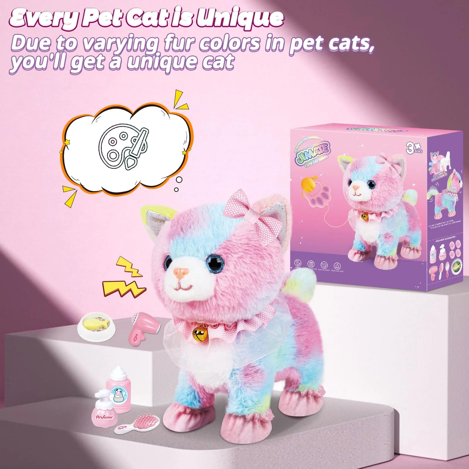 Kids RC Rainbow Cat Plush Toy Walking Kitten Grooming Beauty Accessories Set Adorable Pet Toy Birthday Present For Little Girls