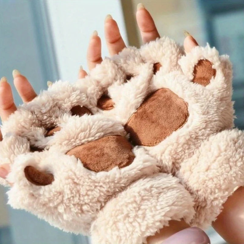 Women Winter Fashion Plush Gloves, Cat Paw Design Half-finger Warm Gloves, Suitable for Office Use Cycling Outdoor Activities