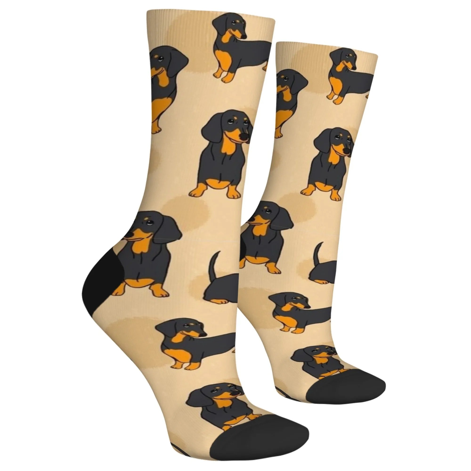 1 Pair Funny Dachshund Dog Men Socks Cute Retro Harajuku Black & Tan Dogs on Novelty Gift for Dog Owner Wear Playful Design