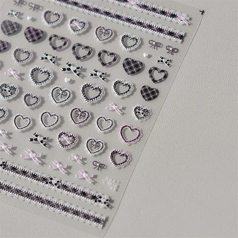 1pcs Sweet Pearl Lace Bow Nail Stickers Love Heart Pink White Black Lace Bow Self Adhesive Nail Art Decorations Decals Accessory