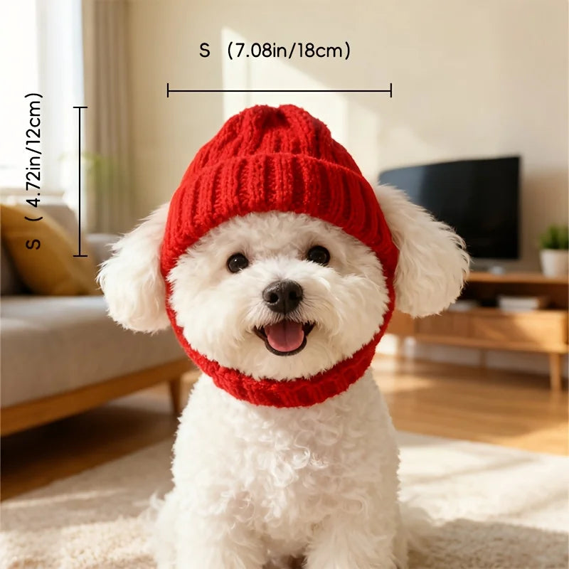 Maltese Dog Beanie Hat, Cozy Soft Knit with Ear Flaps, Cute Playful Dog Design, for Small Dogs, Red & Winter, Indoor/Outdoor Use