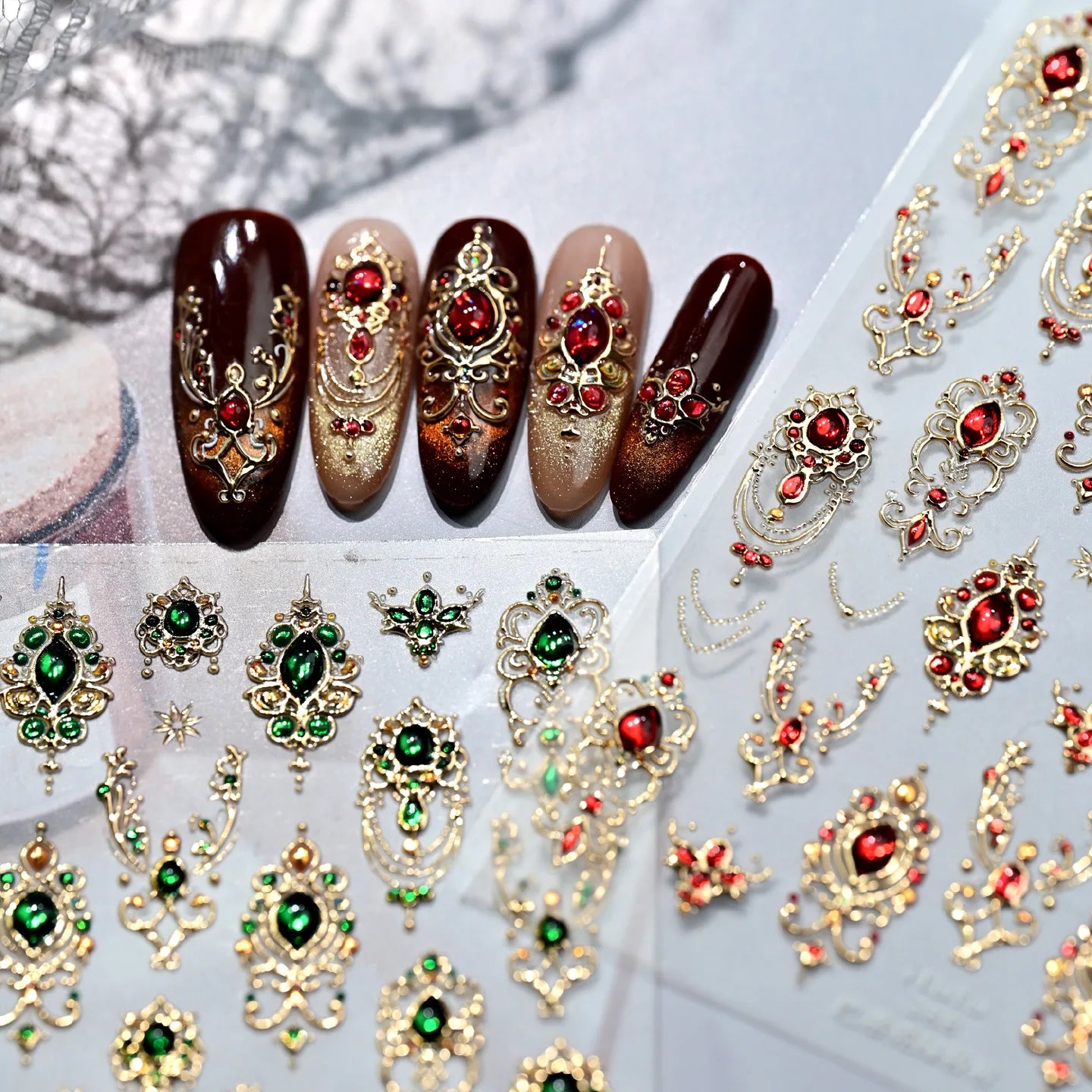 5D Luxurious Emerald Ruby Baroque Scepter Nail Stickers Shiny Palace Imitation Gemstone Jewelry Manicure DIY Decals Accessories