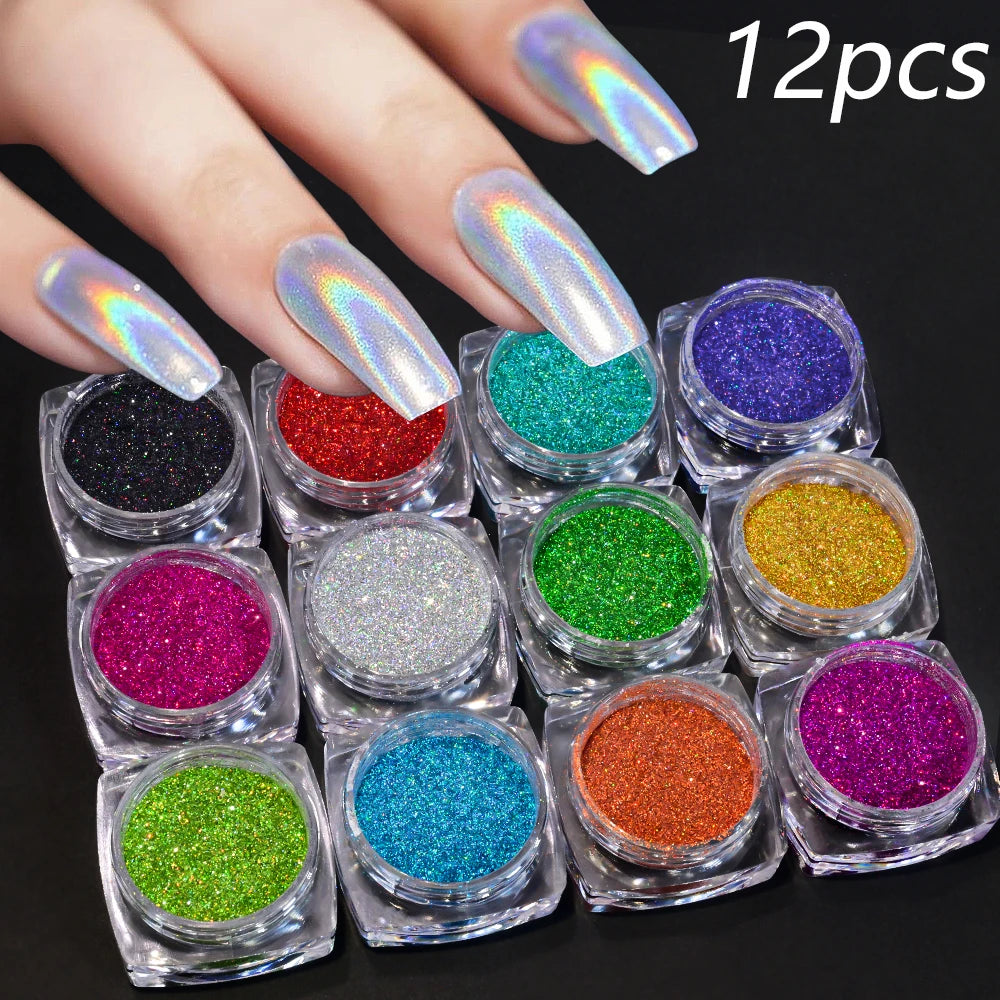 24pcs/Set Sparkly Holographic Fine Sugar Nail Powder Diamond Chrome Pigment Dust For Gel Polish Glitter Manicure Accessories