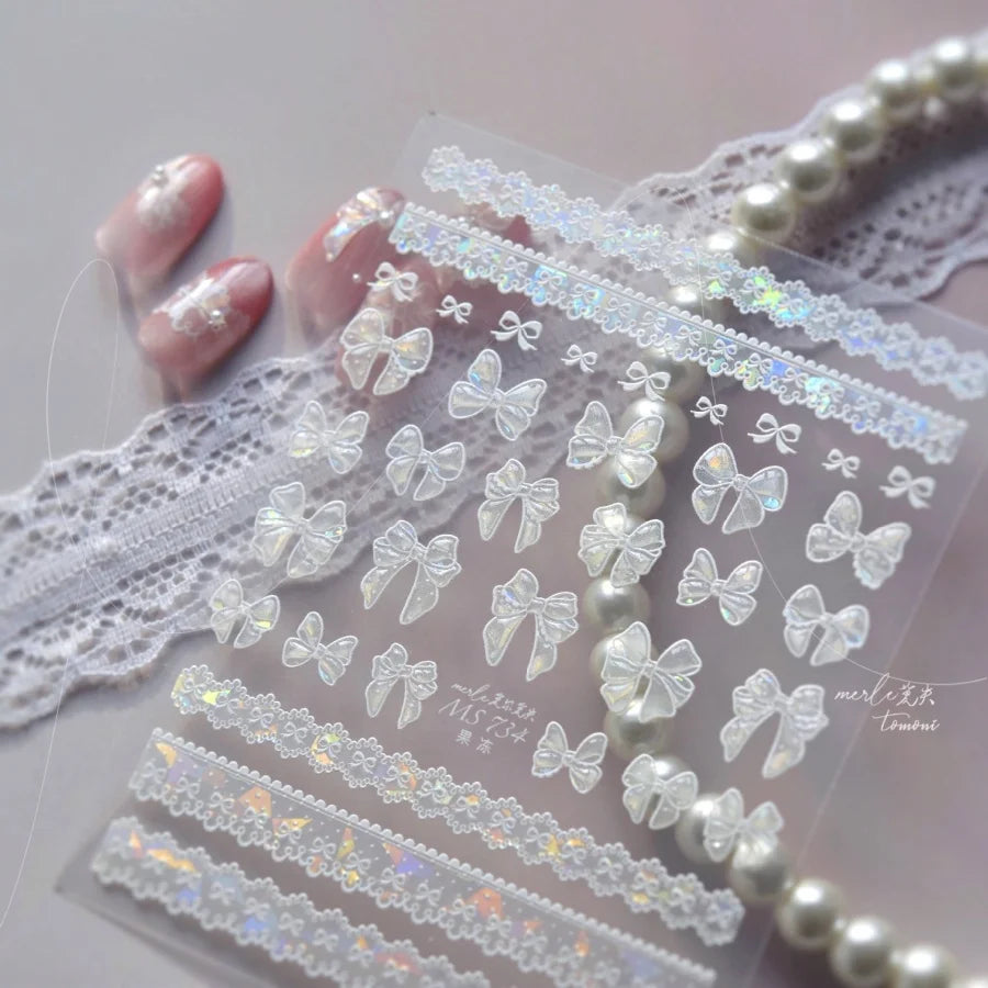 1pcs Sweet Pearl Lace Bow Nail Stickers Love Heart Pink White Black Lace Bow Self Adhesive Nail Art Decorations Decals Accessory