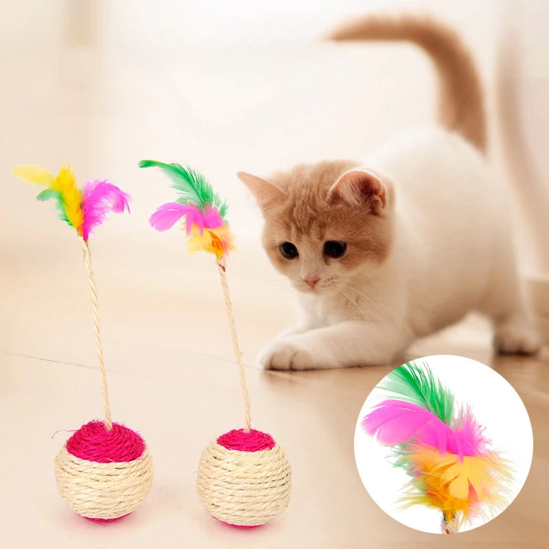 1PC Pet Cat Toy Colorful Feather Blanket Ball Grinding Claw Interactive Play Ball Cat Toy Sisal Shuttlecock Ball
