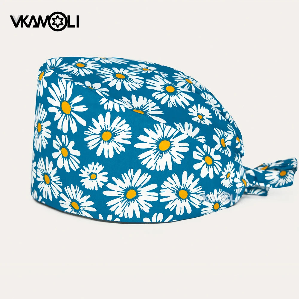 Women's Cotton Scrubs Caps Sweat-Absorbent Elastic Section Pet Grooming Nursing Work Hats Lab Flower Print Scrub Hat Wholesale