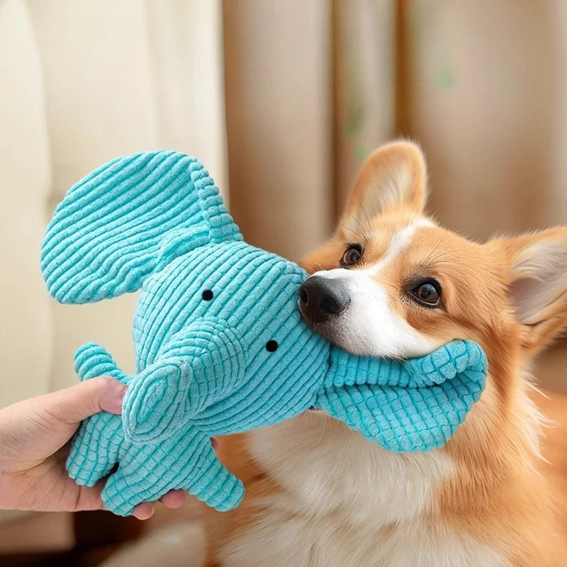 Pet Dog Toys Blue Corduroy Elephant Plush Squeaky Chew Toy Soft Stuffed Bite Resistant Interactive Teeth Cleaning Pet Play Toy ﻿