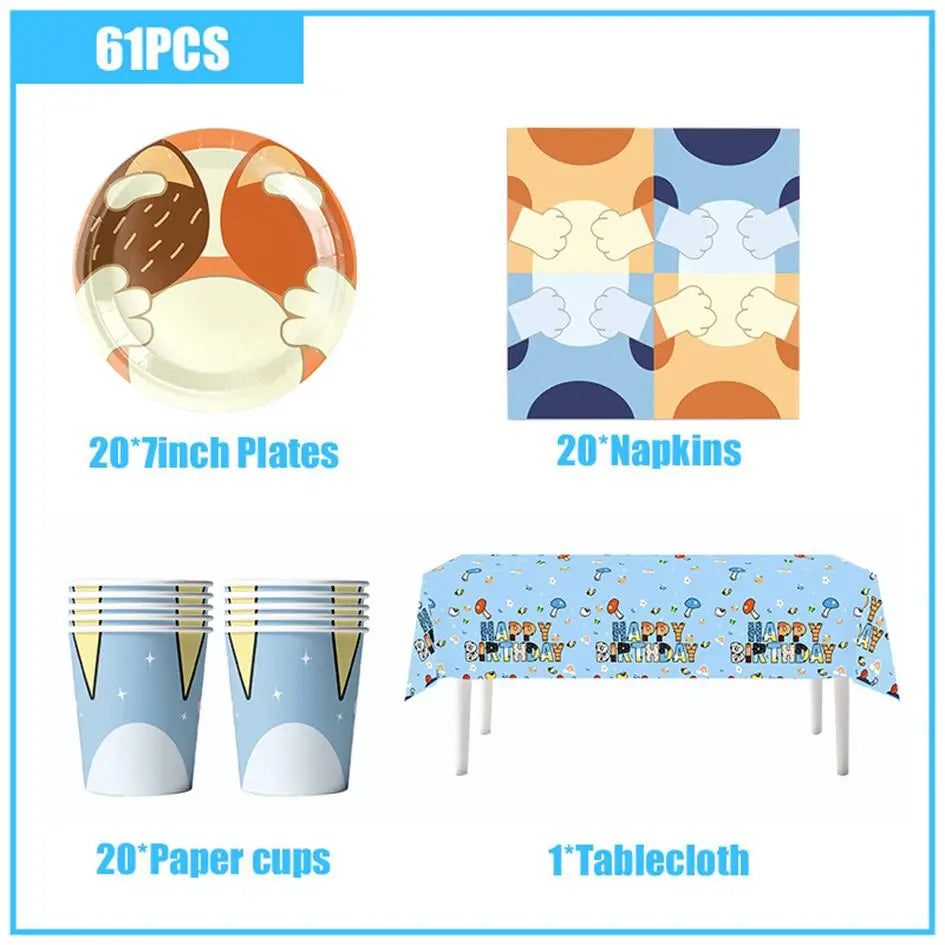 New Cartoon Cute Dog Birthday Party Decoration Kit Blue Dogs Theme Happy Birthday Plates Napkins Cups Tableware Supplies For Kid