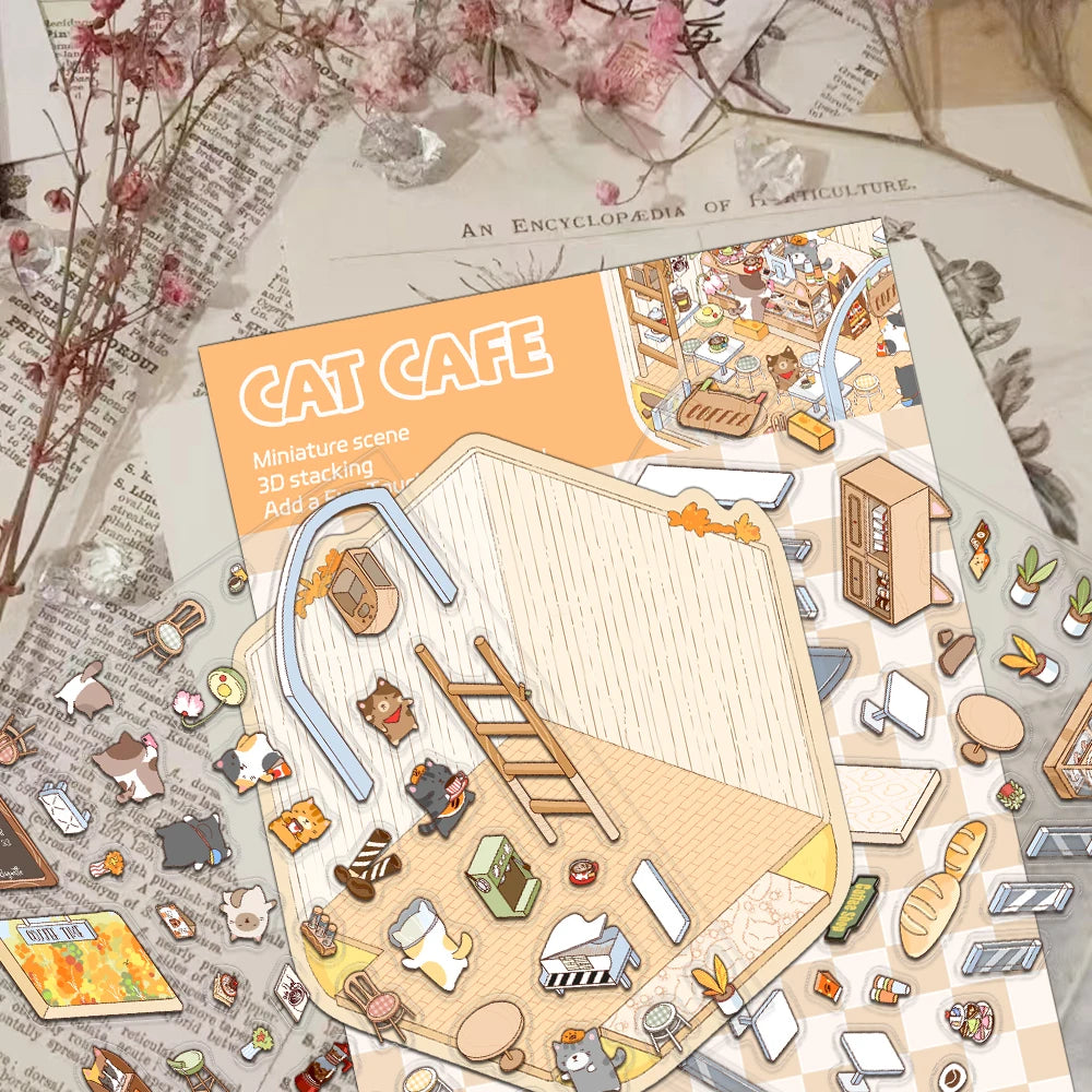 2PCS Creative  Product Shrinking World Cat Cafe Landscape Stickers DIY Decompression PET Material Stickers