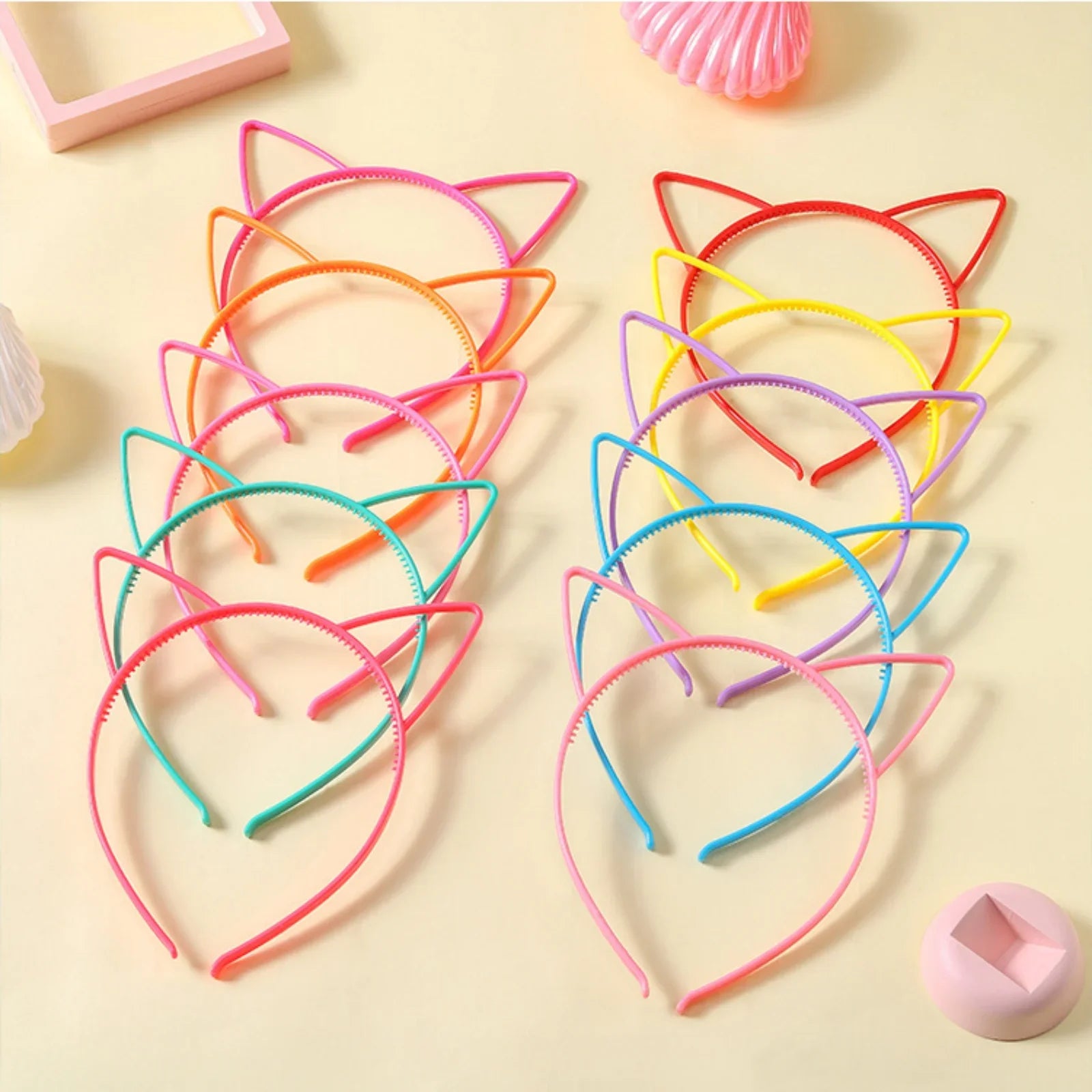12PCS Kids Cat Ears Hairband Set Cute Solid Color Plastic Headband Tooth Outer Ear Accessory for Children Random Color