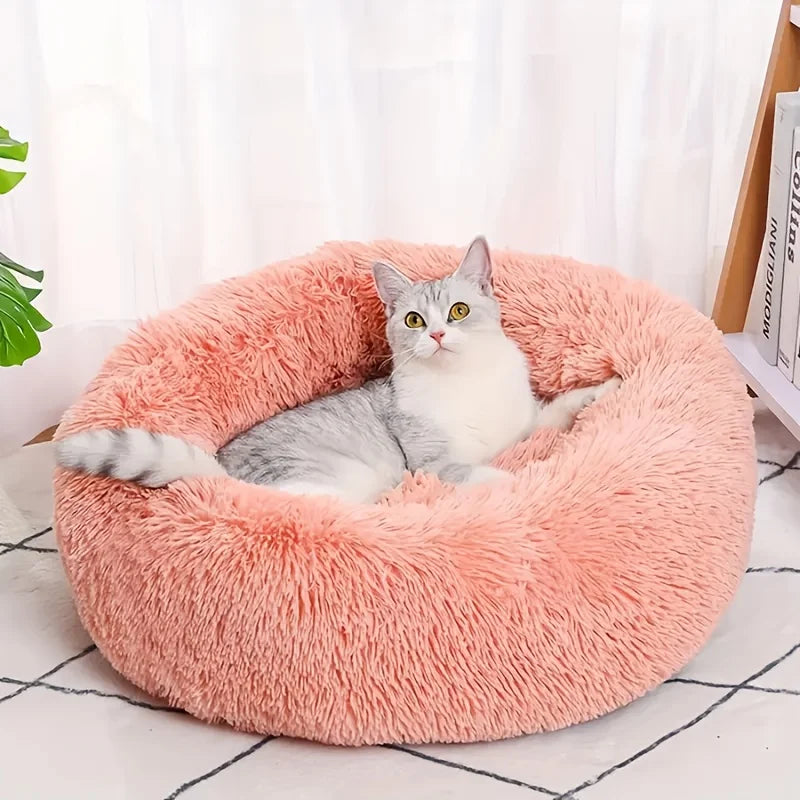 1PC comfortable striped plush pet bed, suitable for cats and dogs, warm, deep sleeping round nest, filled, gray, soft, indoor