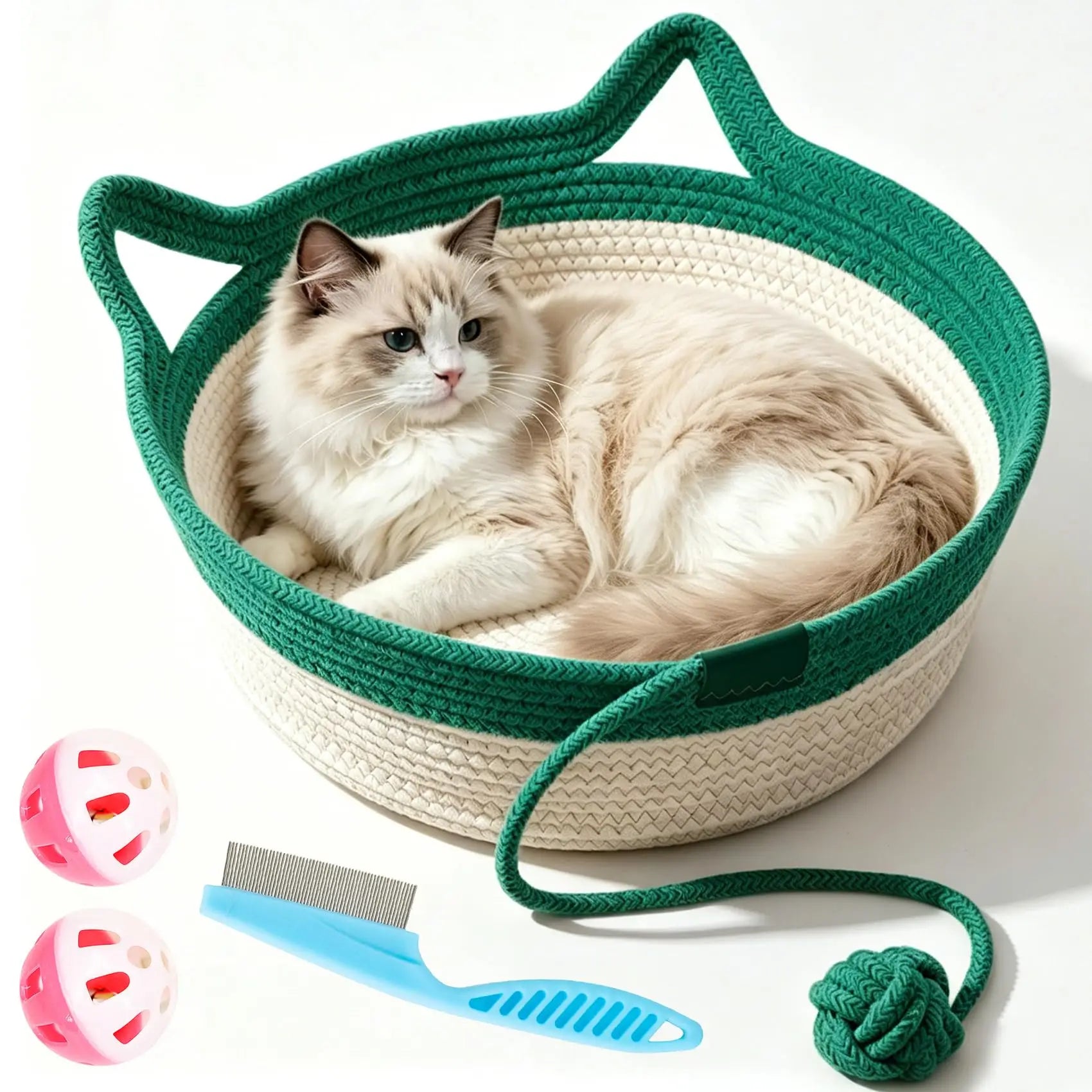 Cat Instinct Basket - Hand-woven Cotton Rope Fun Bed, Equipped with a Toy Tail, Suitable for Scratching and Interactive Pet