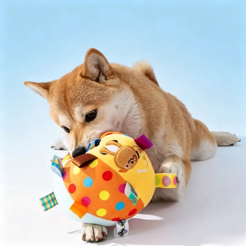 Squeaky Plush Dog Ball Toy with Colorful Ribbons Bite Resistant Interactive Chew Toy Puppy Stress Relief Training Play Ball