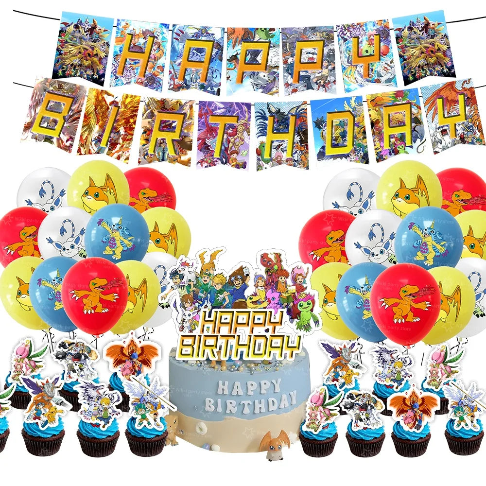 Digimon Birthday Decoration Cartoon Pet Party Favors Balloons Backdrop Banner Cake Decoration Baby Shower Supplies Gifts Toys