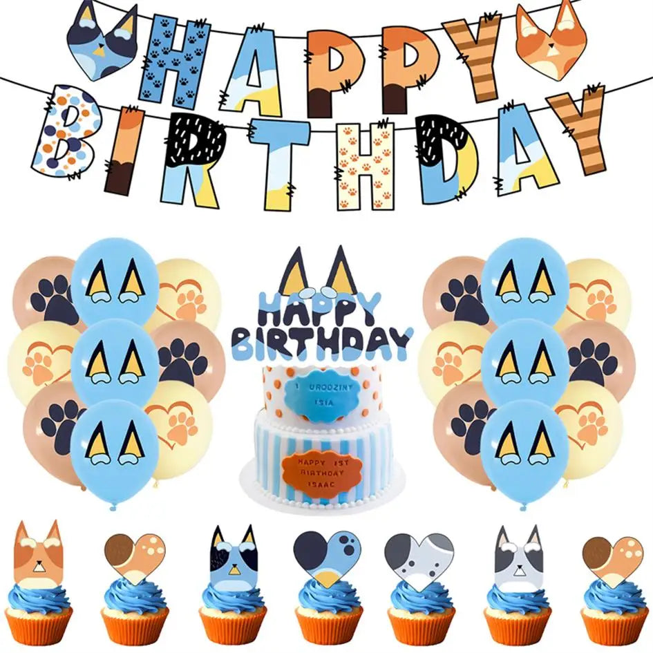 New Cartoon Cute Dog Birthday Party Decoration Kit Blue Dogs Theme Happy Birthday Plates Napkins Cups Tableware Supplies For Kid