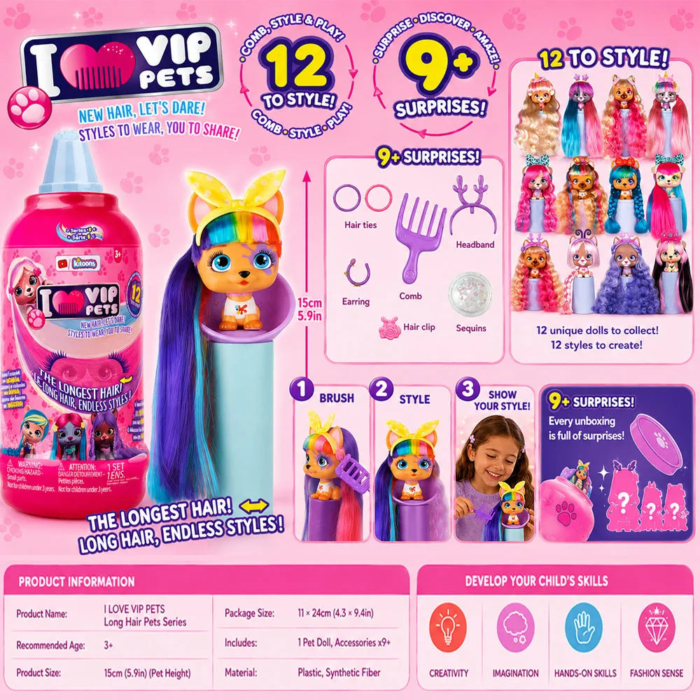 VIP Pets Long Hair Doll Surprise Toy for 9+ Surprises Inside DIY Hair Styling Fashion Pet with  Collectible Toy