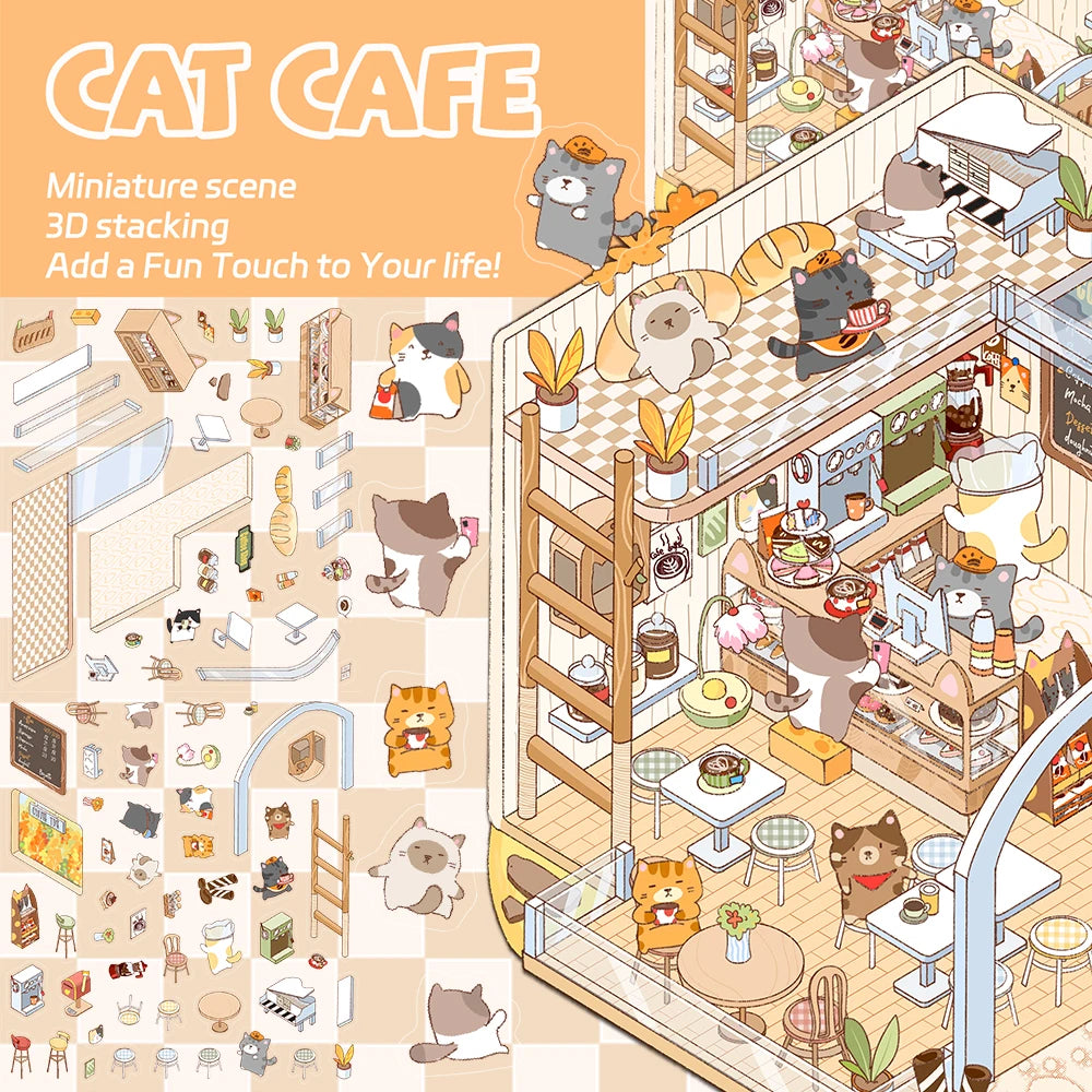 2PCS Creative  Product Shrinking World Cat Cafe Landscape Stickers DIY Decompression PET Material Stickers