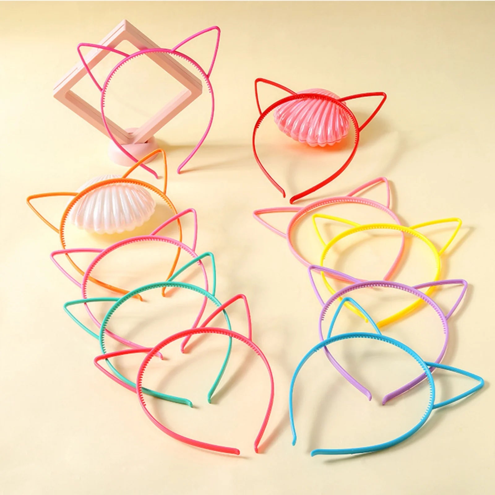 12PCS Kids Cat Ears Hairband Set Cute Solid Color Plastic Headband Tooth Outer Ear Accessory for Children Random Color