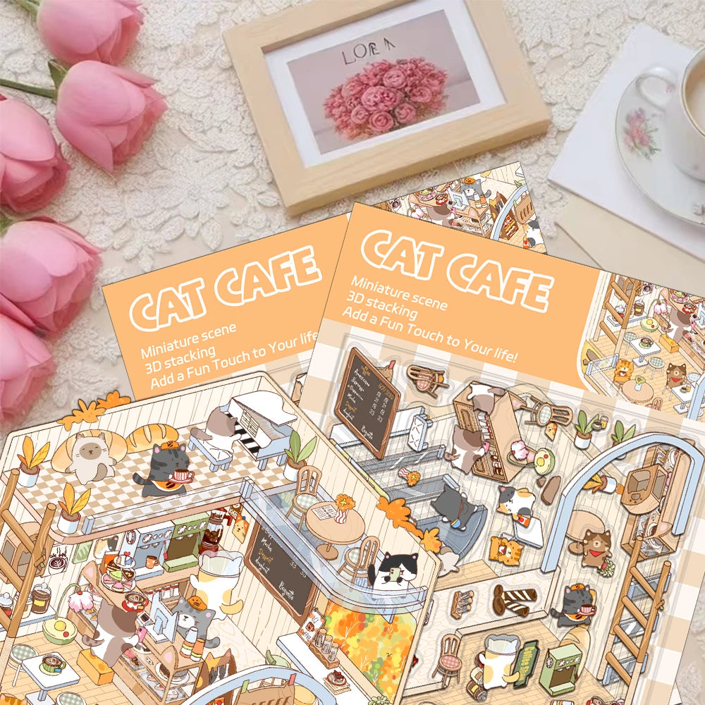 2PCS Creative  Product Shrinking World Cat Cafe Landscape Stickers DIY Decompression PET Material Stickers
