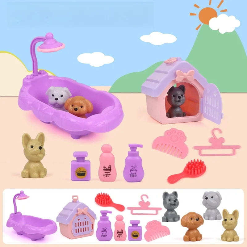 QWZ Pretend Play Toy Fashion Mini Pets Cat Dog House Kennel Bathtub For Children Play House Toy Accessories Kids Best Gift