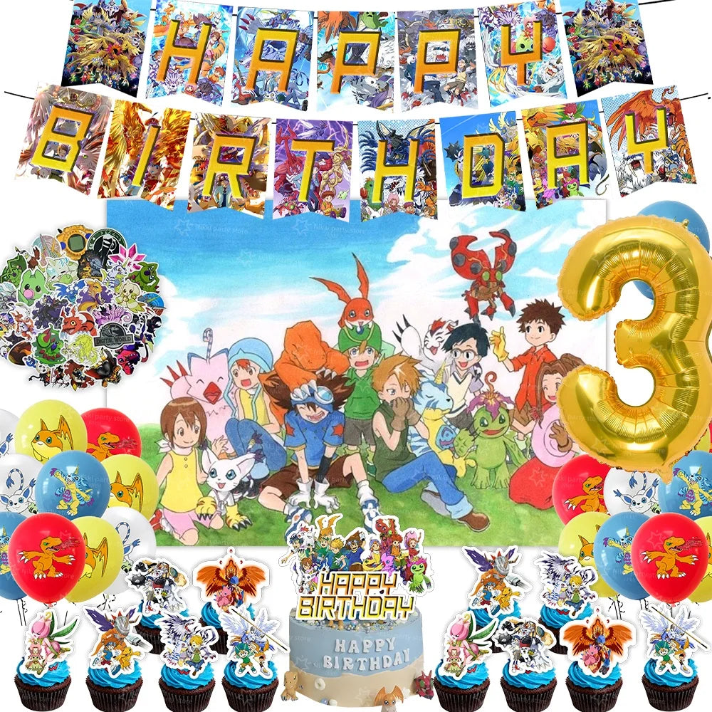 Digimon Birthday Decoration Cartoon Pet Party Favors Balloons Backdrop Banner Cake Decoration Baby Shower Supplies Gifts Toys