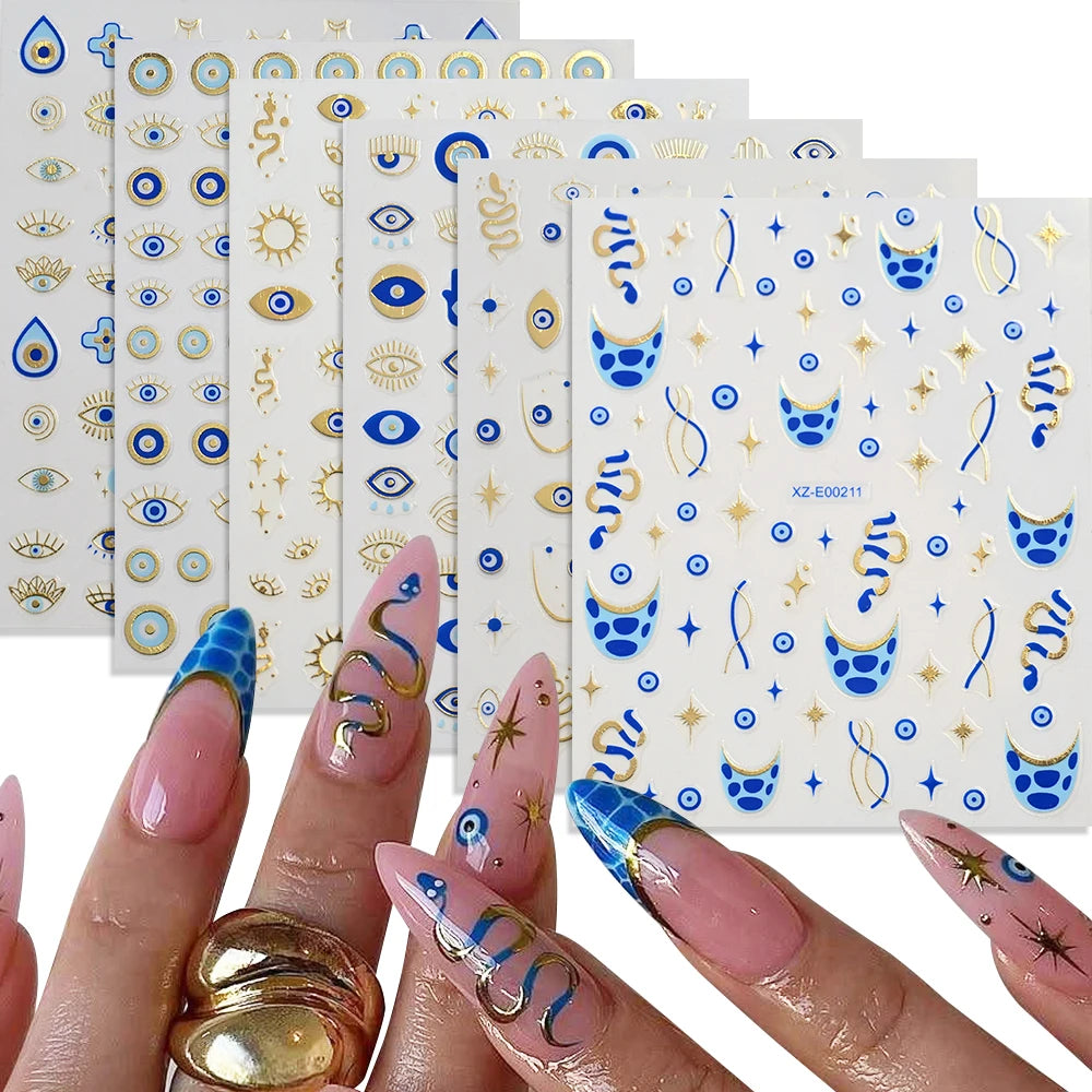 1pc 3D Eyes/Stars/Snake Designs Nail Stickers Angel Eye Nail Art Decor Golden & Blue Evil Eye Designs Manicure DIY Accessories *