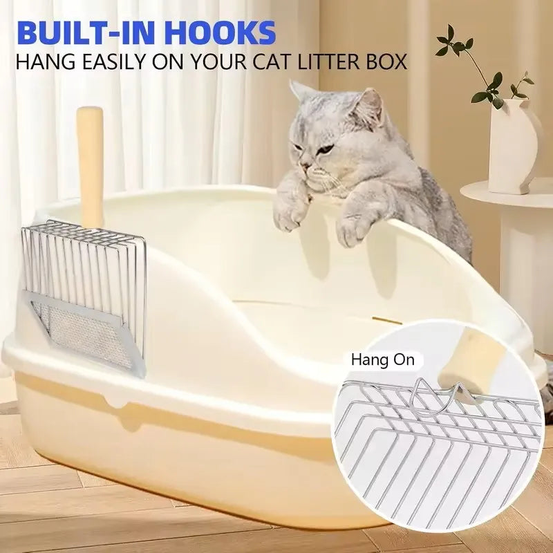 Cat Litter Shovel Wood Handle Metal Scooper with Hook Portable Stainless Steel Sifting Kitten Toilet Cleaning Tool Pet Products