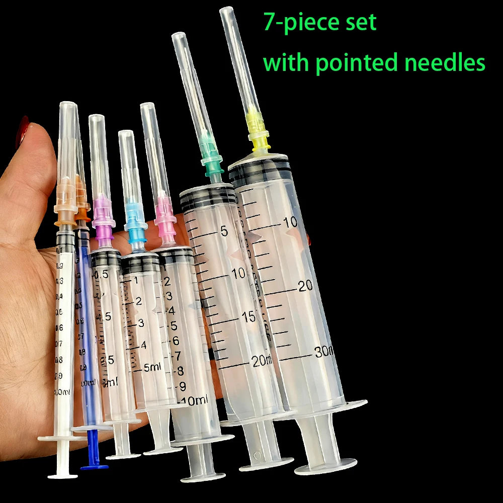 7-Piece Set of Glue Applicators and Syringes for Veterinary and Industrial Use, Pet Feeding, with 1+3+5+10+20+30ml Capacities, Equipped with Pointed Needles and Caps, Suitable for Liquids, Glue, Ink, Perfume, and Lip Gloss Pr
