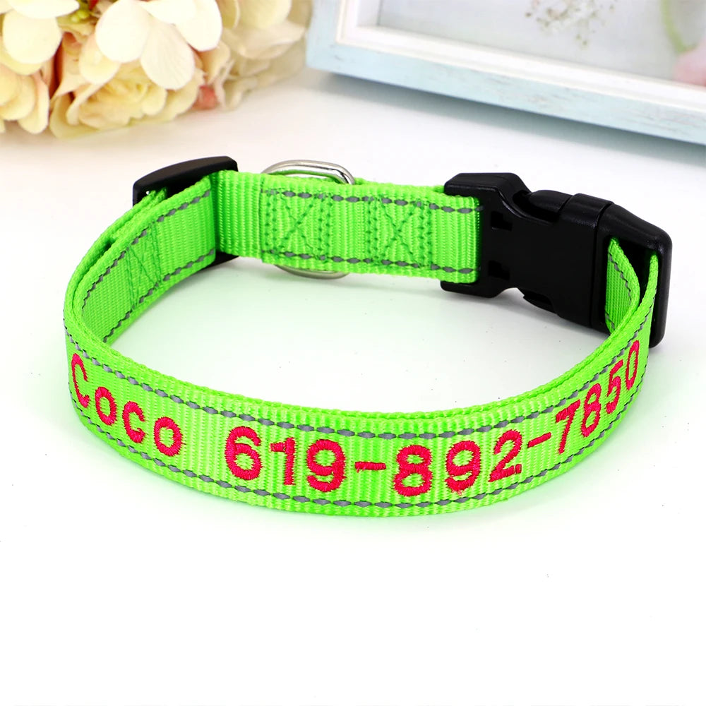 Reflective Nylon Dog Collar Personalized Embroidered ID Name Accessories Dog Collar Engraved Pet Puppy Nameplate Collars Perro