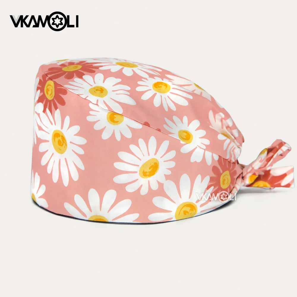 Women's Cotton Scrubs Caps Sweat-Absorbent Elastic Section Pet Grooming Nursing Work Hats Lab Flower Print Scrub Hat Wholesale